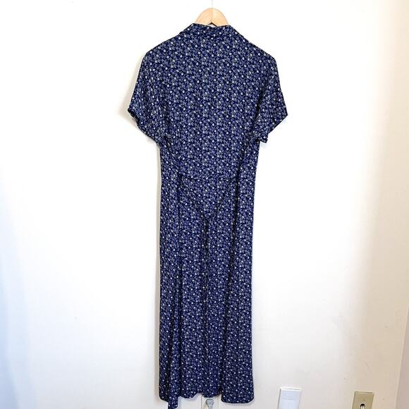 Vintage LL Bean Shirt Dress Size 14 Blue 90s Ditsy Cottage Tie Floral Modest - Picture 3 of 9